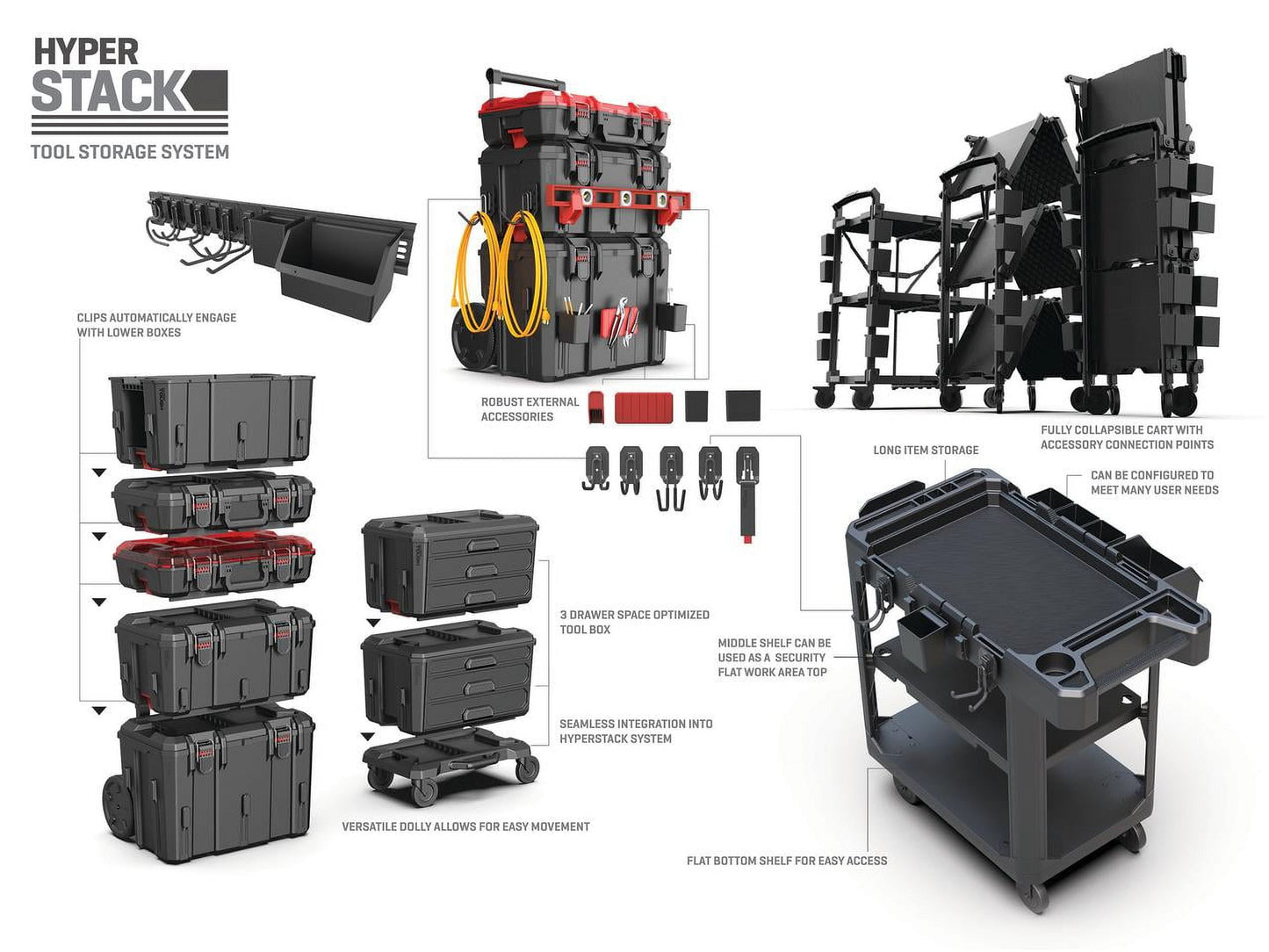Hyper Stack Heavy Duty 3 Piece Modular Rolling Toolbox System, Black