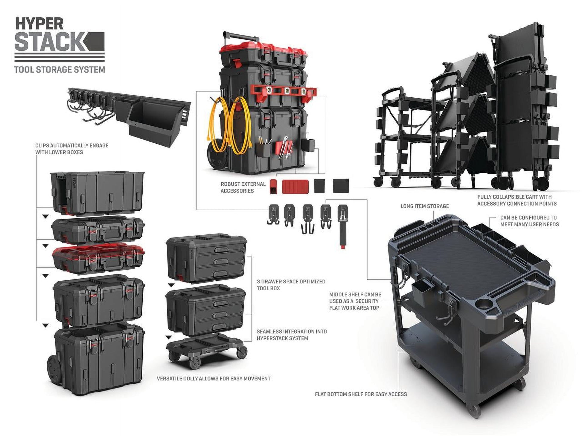 Hyper Stack Heavy Duty 3 Piece Modular Rolling Toolbox System, Black