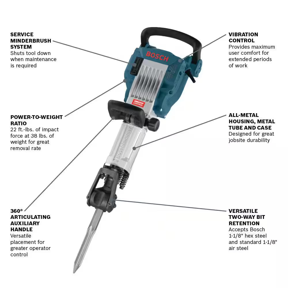 15 Amp 1-1/8 In. Corded Concrete Electric Hex Breaker Hammer Kit with Hard Carrying Case with Wheels