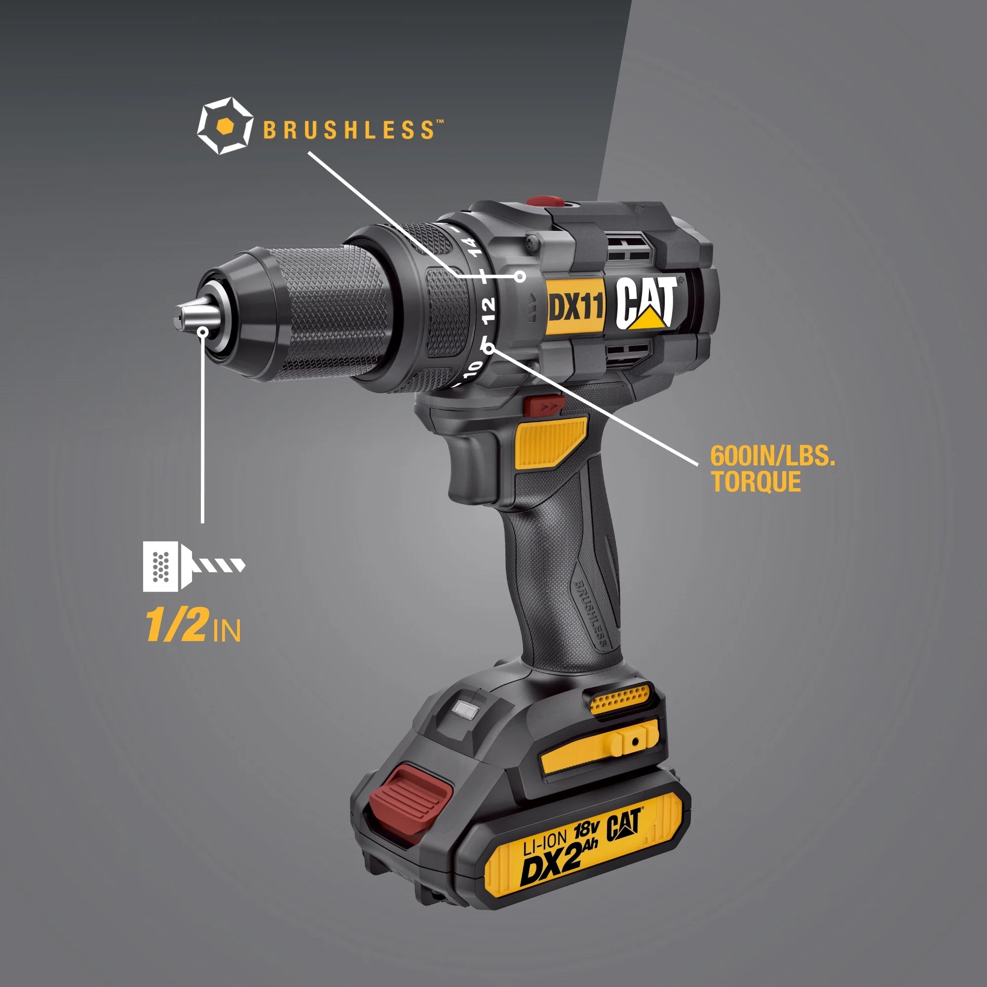 Caterpillar Cat® DX11 18V 1 for ALL 1/2" Cordless Drill/Driver with Brushless Motor and Two Batteries