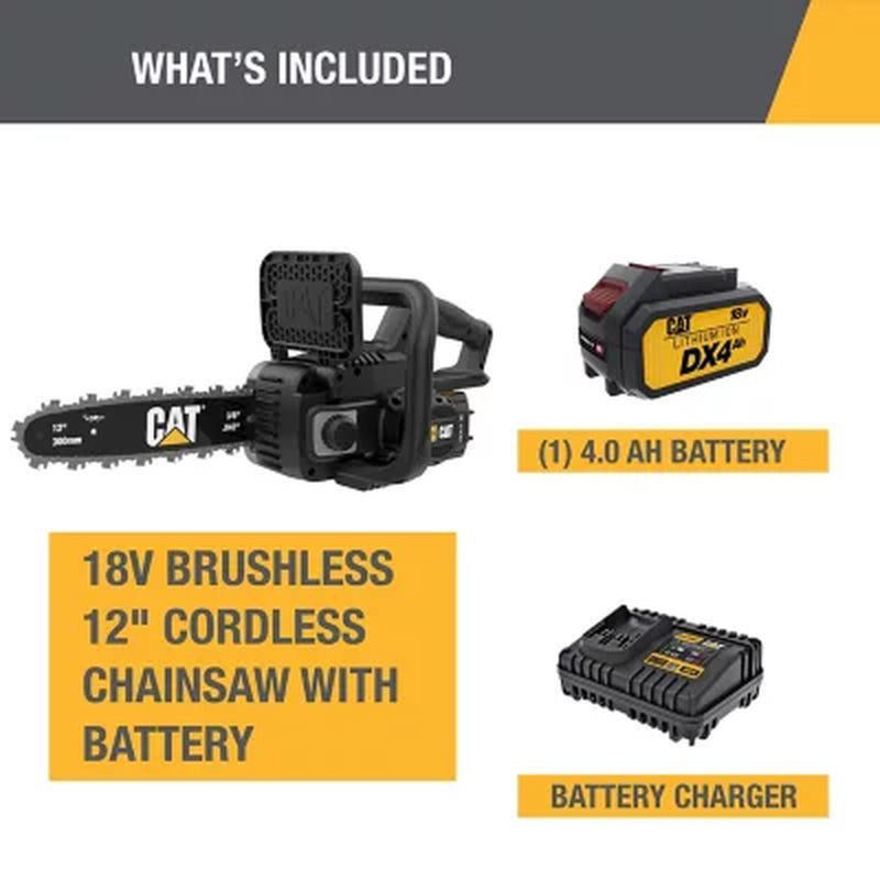 CAT DG230 18V Brushless 12” Chainsaw with Tool-Free Chain Tensioning, Electric Chainsaw Cordless with Inertia Chain Brake – Battery & Charger Included