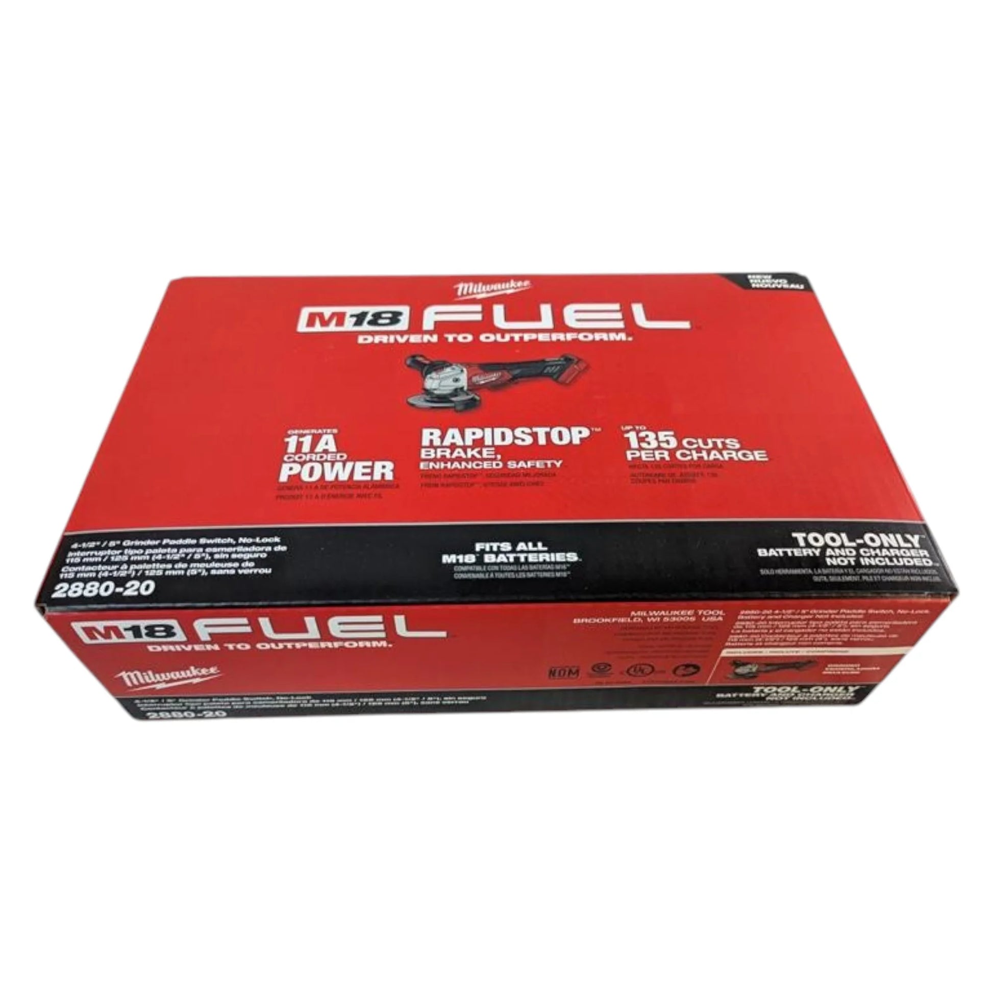 2880-20 M18 FUEL 4-1/2" / 5" Cordless Grinder – Paddle Switch, No Lock, 11A Corded Power, 8,500 RPM, Brushless Motor (Bare Tool)
